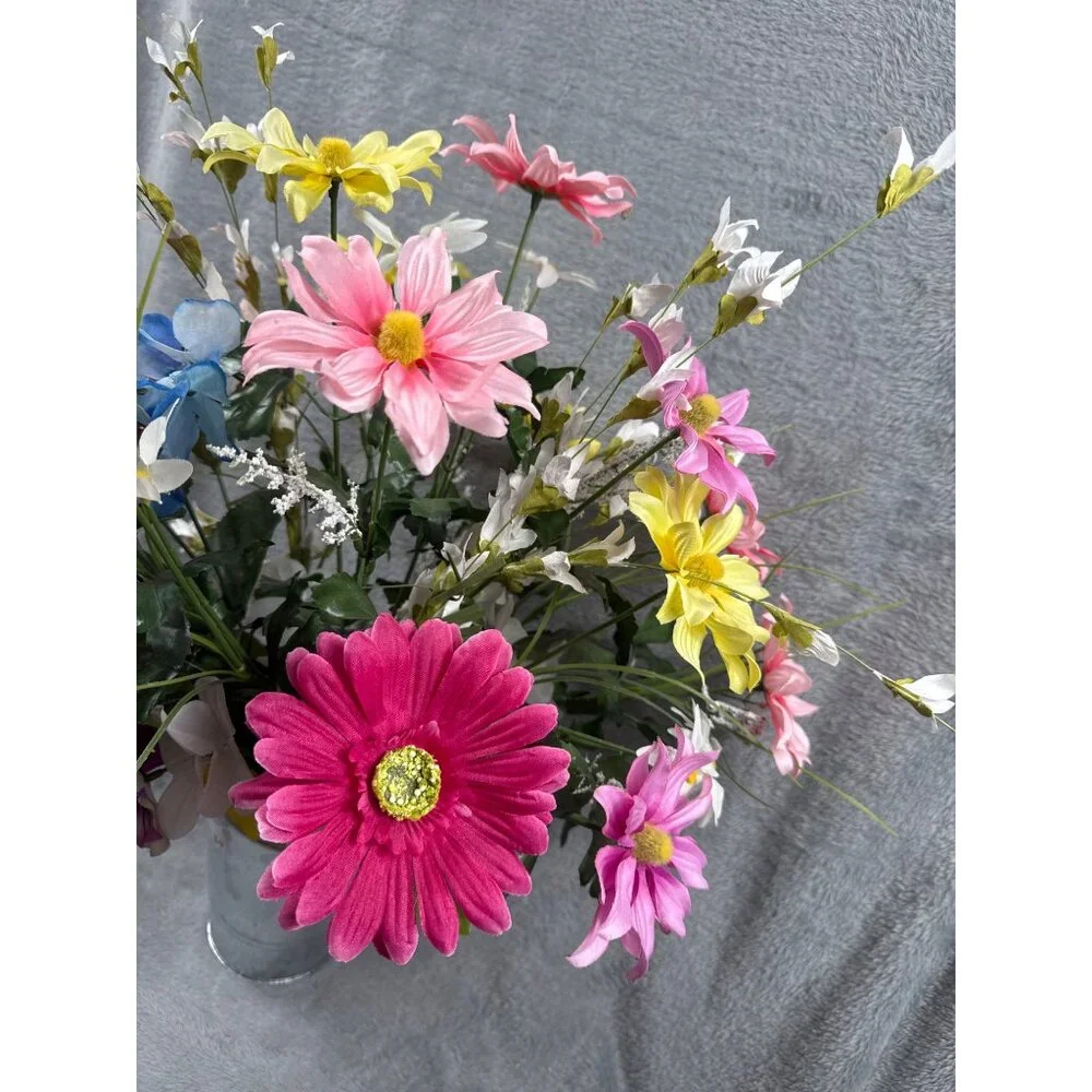 Artificial Floral Arrangement With Pink Yellow Blue & White Flowers In Metal Vas